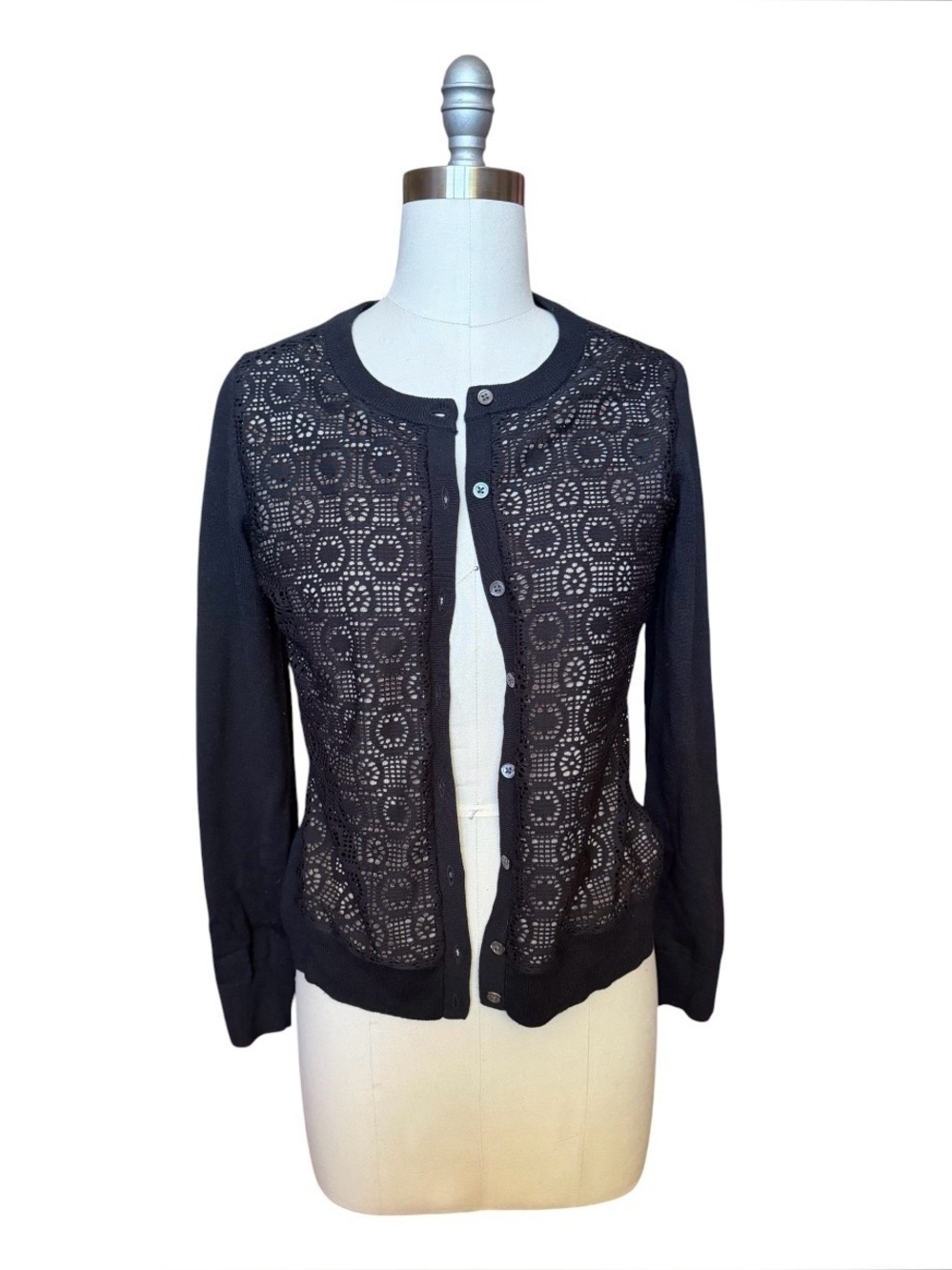 Woman’s Banana Republic Black Crochet Front Crewneck Cardigan Sweater